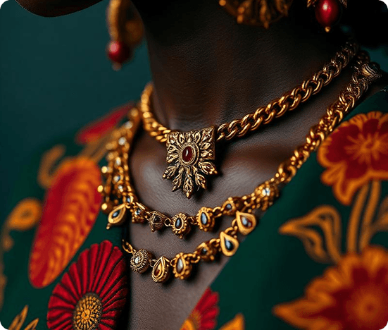 Layered gold necklaces over richly patterned fabric