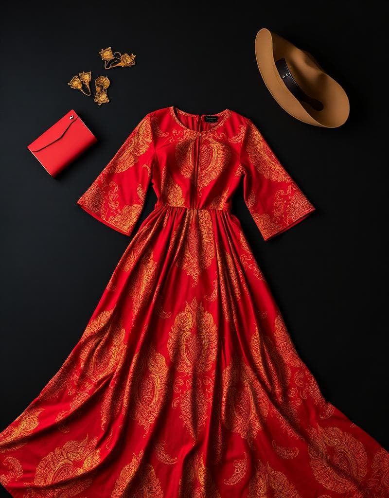 Red patterned gown laid out with accessories on a dark surface