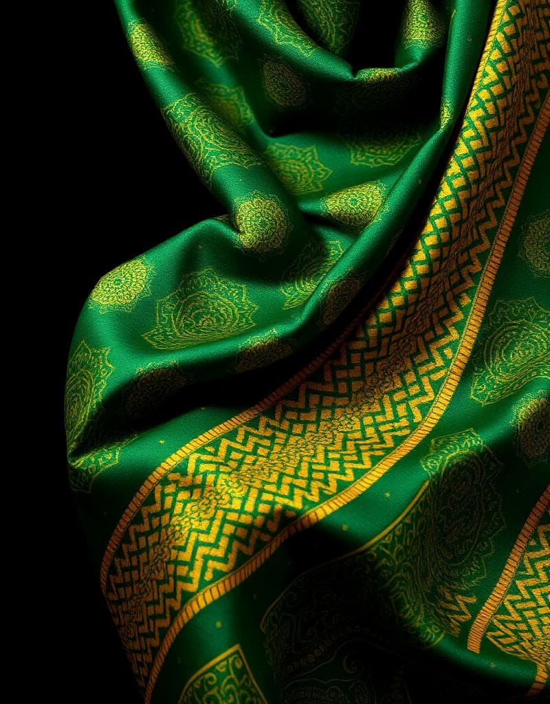 Folded green and gold fabric with ornate woven patterns